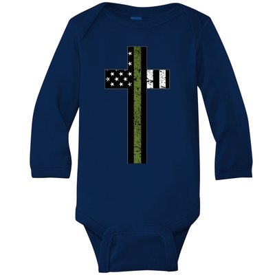 Thin Green Line Cross Military Baby Long Sleeve Bodysuit