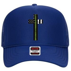 Thin Green Line Cross Military High Crown Mesh Back Trucker Hat