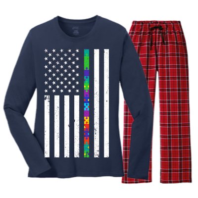 Thin Puzzle Line Autism Flag Women's Long Sleeve Flannel Pajama Set 