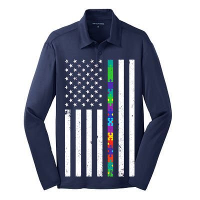 Thin Puzzle Line Autism Flag Silk Touch Performance Long Sleeve Polo