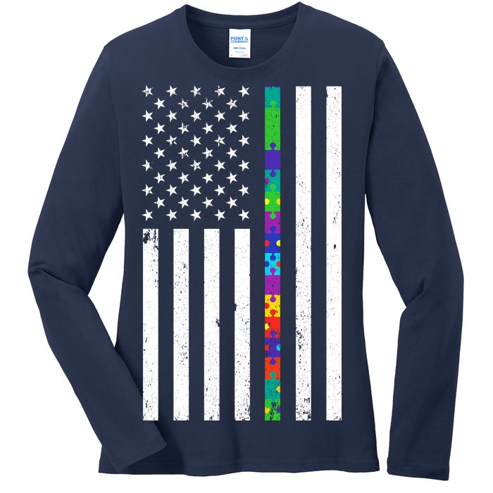 Thin Puzzle Line Autism Flag Ladies Long Sleeve Shirt