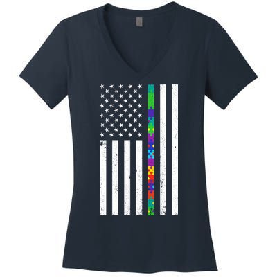 Thin Puzzle Line Autism Flag Women's V-Neck T-Shirt