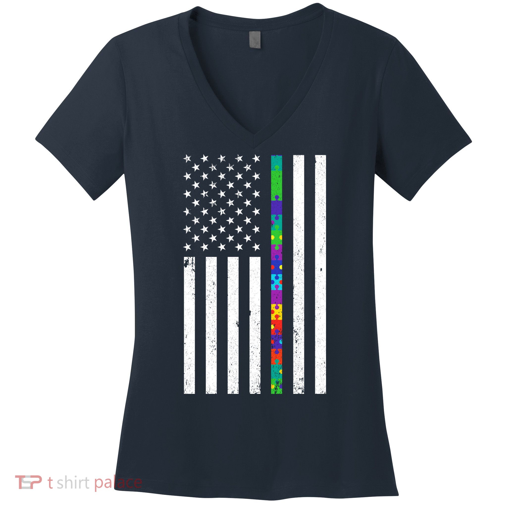 Thin Puzzle Line Autism Flag Women's V-Neck T-Shirt