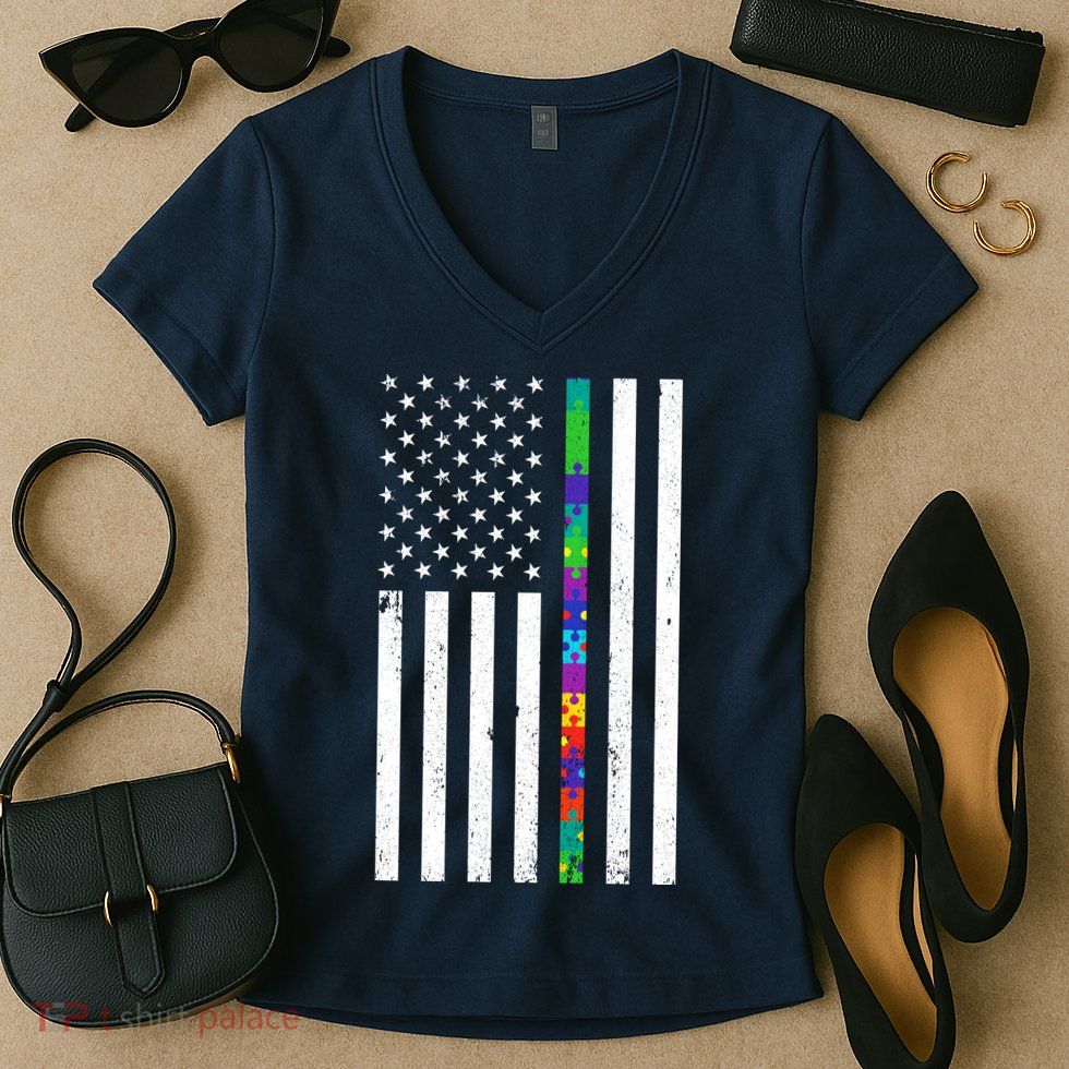 Thin Puzzle Line Autism Flag Women's V-Neck T-Shirt