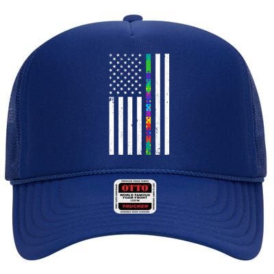 Thin Puzzle Line Autism Flag High Crown Mesh Back Trucker Hat