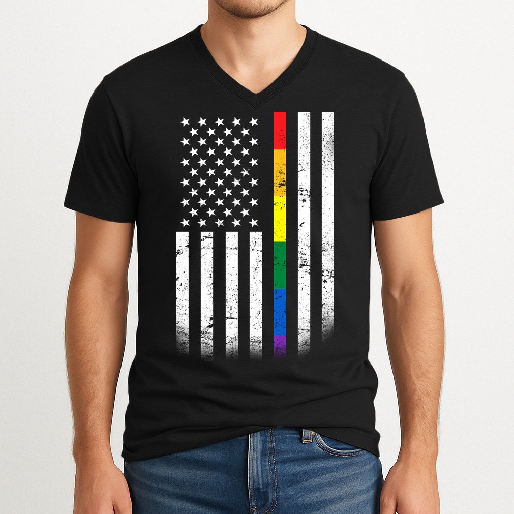 Thin Rainbow Line LGBT Gay Pride Flag V-Neck T-Shirt