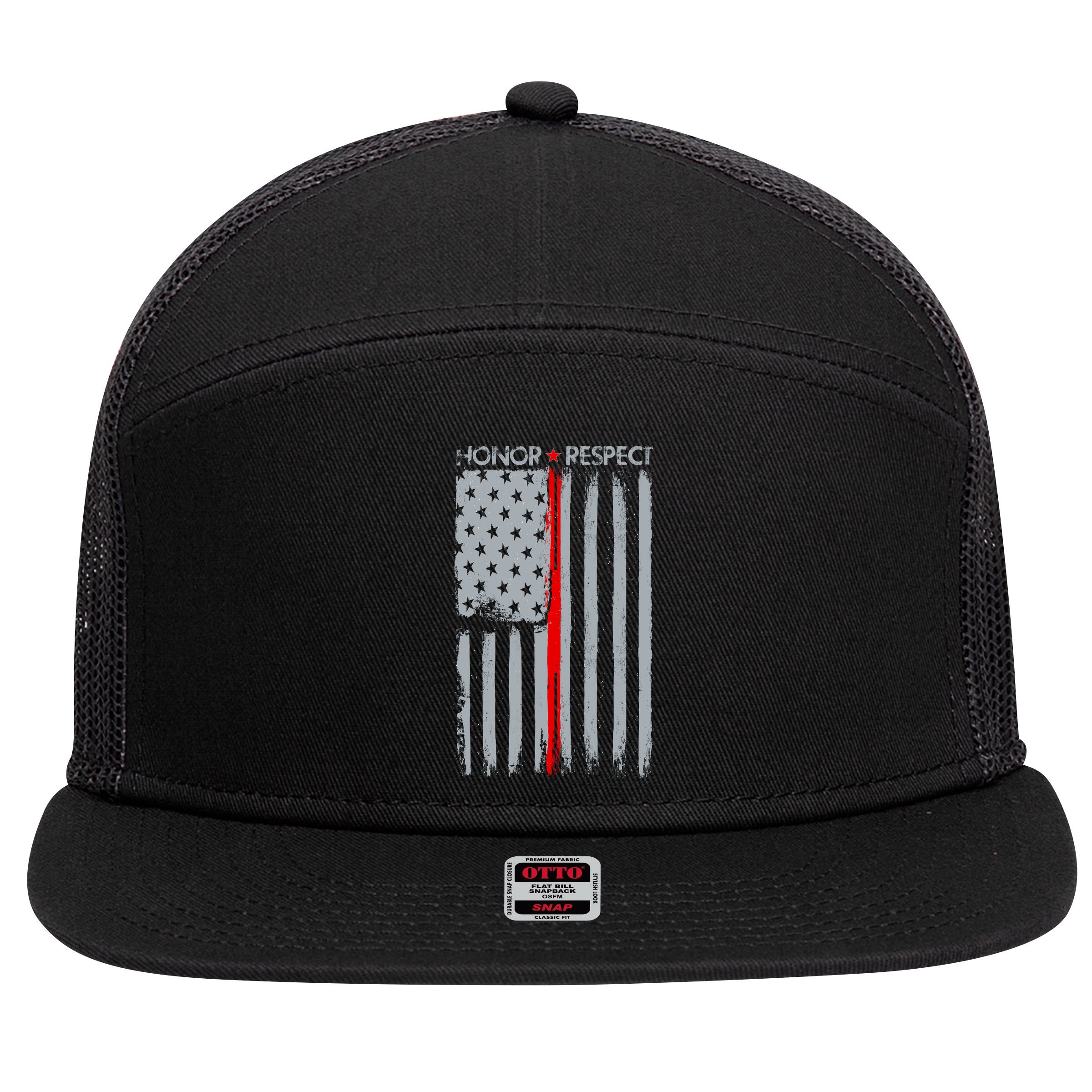 Thin Red Line American Flag 7 Panel Mesh Trucker Snapback Hat