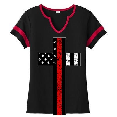 Thin Red Line Cross Firefighter Ladies Halftime Notch Neck Tee