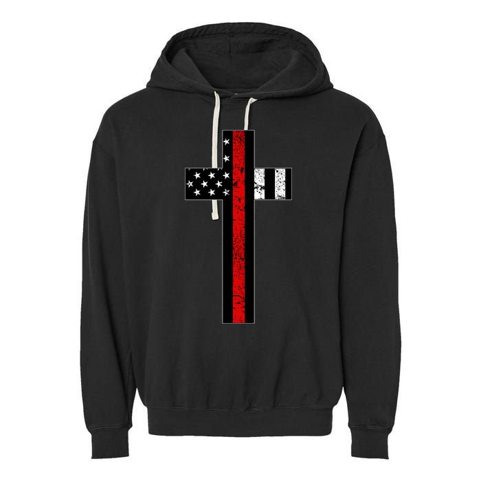 Thin Red Line Cross Firefighter Garment-Dyed Fleece Hoodie