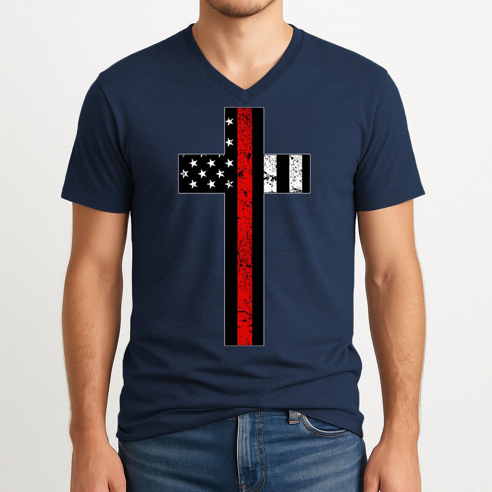 Thin Red Line Cross Firefighter V-Neck T-Shirt