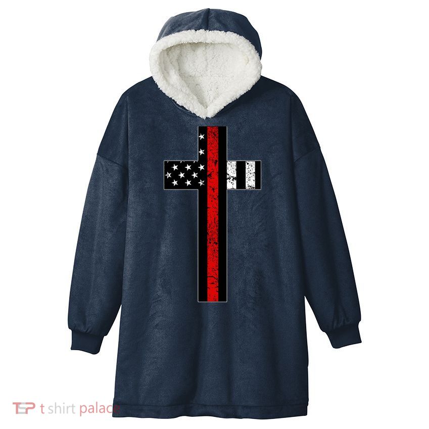 Thin Red Line Cross Firefighter Hooded Wearable Blanket
