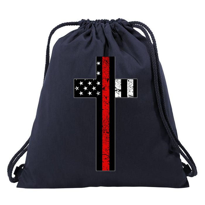 Thin Red Line Cross Firefighter Drawstring Bag