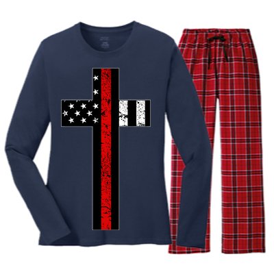 Thin Red Line Cross Firefighter Women's Long Sleeve Flannel Pajama Set 