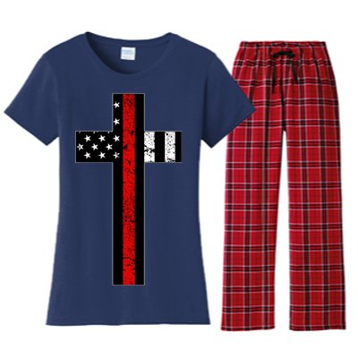 Thin Red Line Cross Firefighter Women's Flannel Pajama Set