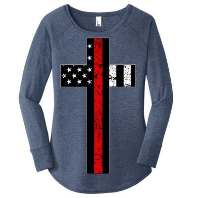 Thin Red Line Cross Firefighter Women's Perfect Tri Tunic Long Sleeve Shirt