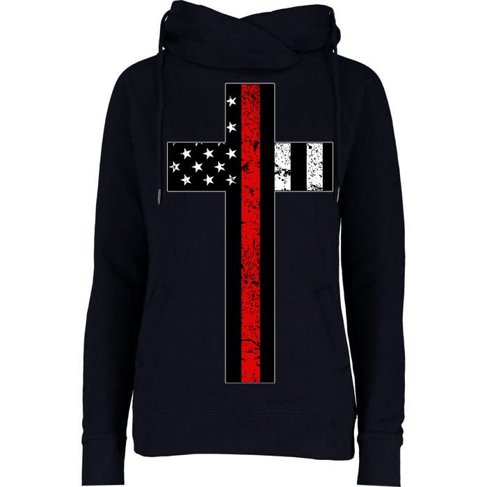 Thin Red Line Cross Firefighter Womens Funnel Neck Pullover Hood