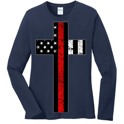 Thin Red Line Cross Firefighter Ladies Long Sleeve Shirt