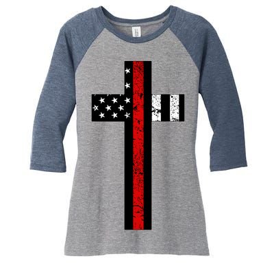 Thin Red Line Cross Firefighter Women's Tri-Blend 3/4-Sleeve Raglan Shirt