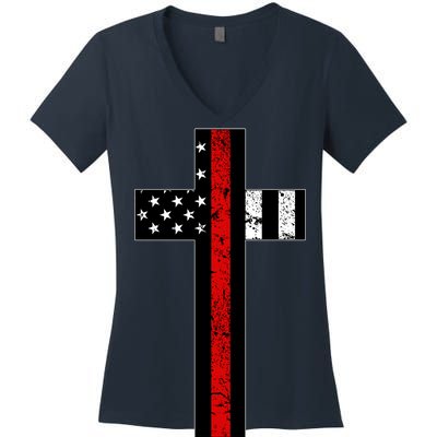 Thin Red Line Cross Firefighter Women's V-Neck T-Shirt