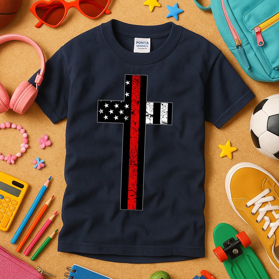 Thin Red Line Cross Firefighter Kids T-Shirt