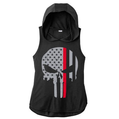 Thin Red Line Skull USA Firefighter Flag Ladies PosiCharge Tri-Blend Wicking Draft Hoodie Tank