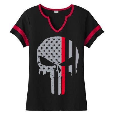 Thin Red Line Skull USA Firefighter Flag Ladies Halftime Notch Neck Tee