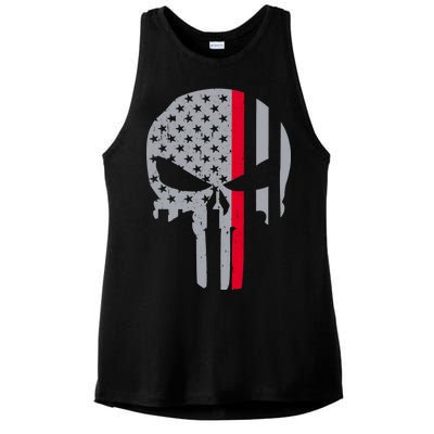 Thin Red Line Skull USA Firefighter Flag Ladies PosiCharge Tri-Blend Wicking Tank