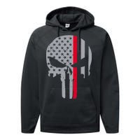 Thin Red Line Skull USA Firefighter Flag Performance Fleece Hoodie