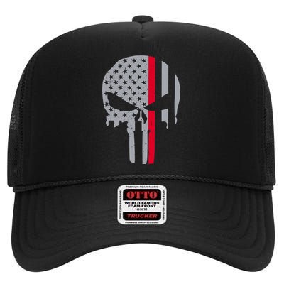 Thin Red Line Skull USA Firefighter Flag High Crown Mesh Back Trucker Hat