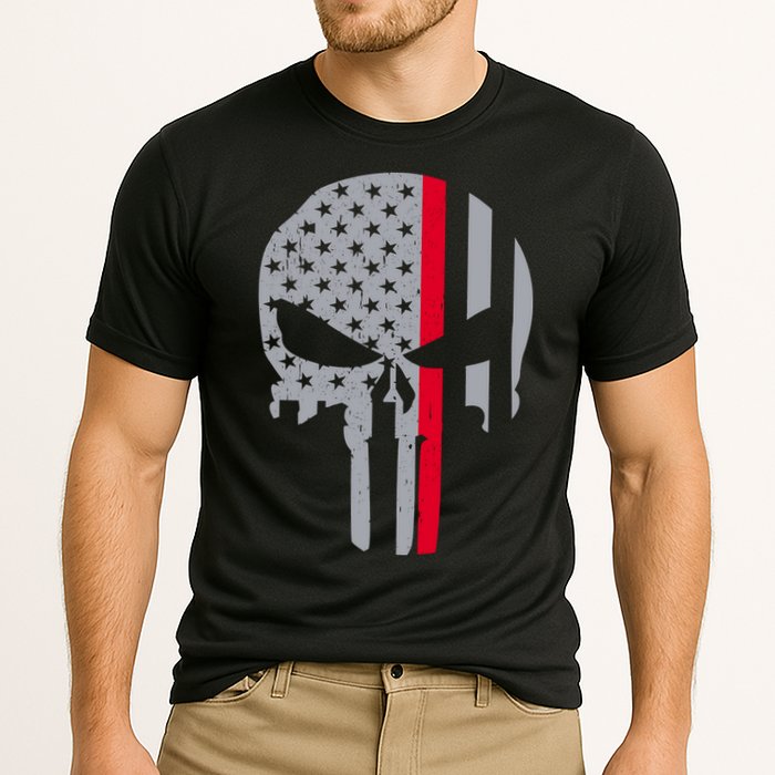 Thin Red Line Skull USA Firefighter Flag Performance Shirt