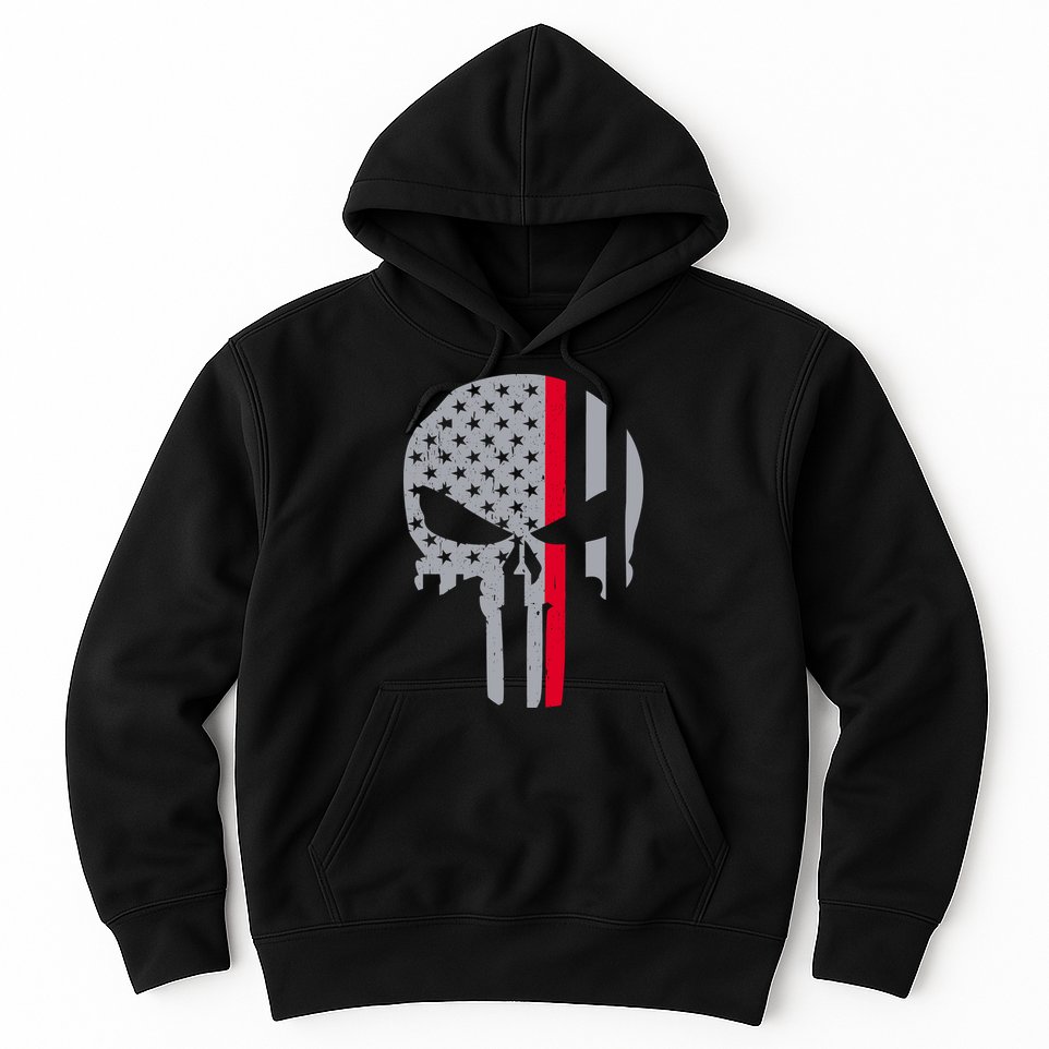 Thin Red Line Skull USA Firefighter Flag Hoodie