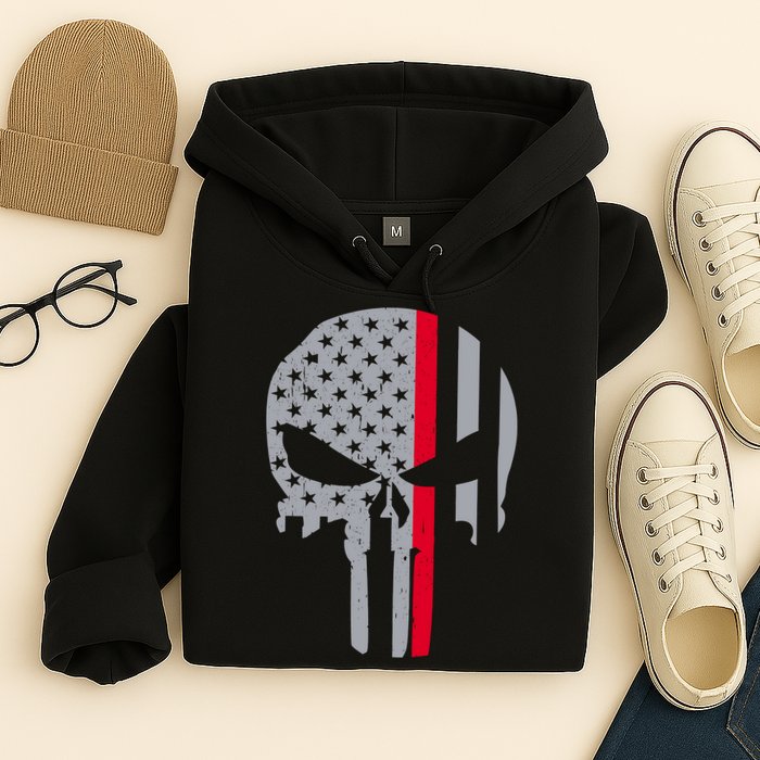 Thin Red Line Skull USA Firefighter Flag Hoodie