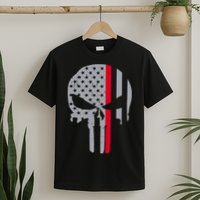 Thin Red Line Skull USA Firefighter Flag T-Shirt