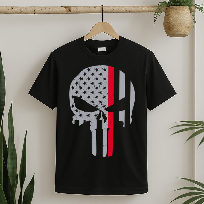 Thin Red Line Skull USA Firefighter Flag T-Shirt