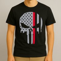 Thin Red Line Skull USA Firefighter Flag T-Shirt