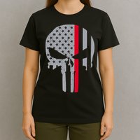 Thin Red Line Skull USA Firefighter Flag T-Shirt