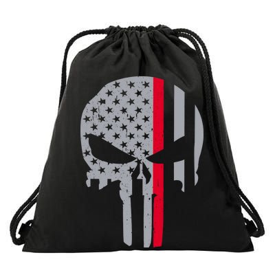 Thin Red Line Skull USA Firefighter Flag Drawstring Bag