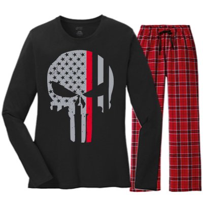 Thin Red Line Skull USA Firefighter Flag Women's Long Sleeve Flannel Pajama Set 