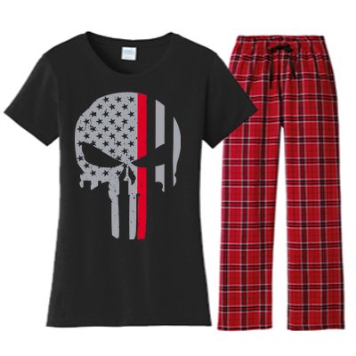 Thin Red Line Skull USA Firefighter Flag Women's Flannel Pajama Set