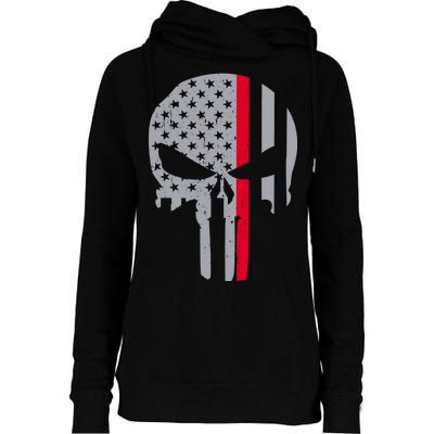 Thin Red Line Skull USA Firefighter Flag Womens Funnel Neck Pullover Hood