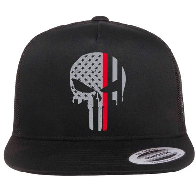 Thin Red Line Skull USA Firefighter Flag Flat Bill Trucker Hat