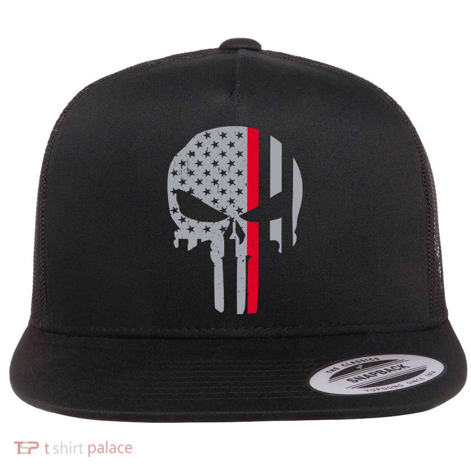 Thin Red Line Skull USA Firefighter Flag Flatbill Hat