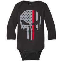 Thin Red Line Skull USA Firefighter Flag Baby Long Sleeve Bodysuit