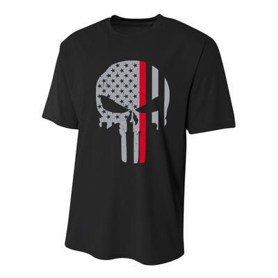 Thin Red Line Skull USA Firefighter Flag Youth Performance Sprint T-Shirt