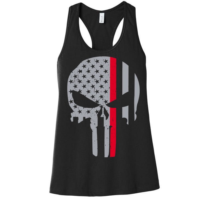 Thin Red Line Skull USA Firefighter Flag Women's Racerback Tank