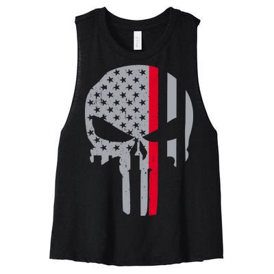 Thin Red Line Skull USA Firefighter Flag Women's Racerback Cropped Tank