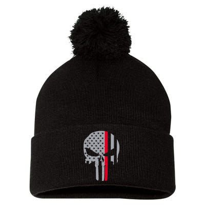 Thin Red Line Skull USA Firefighter Flag Pom Pom 12in Knit Beanie