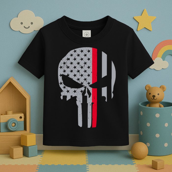 Thin Red Line Skull USA Firefighter Flag Toddler T-Shirt
