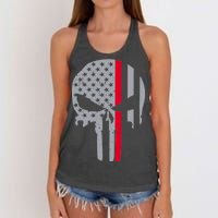 Thin Red Line Skull USA Firefighter Flag Women's Knotted Racerback Tank