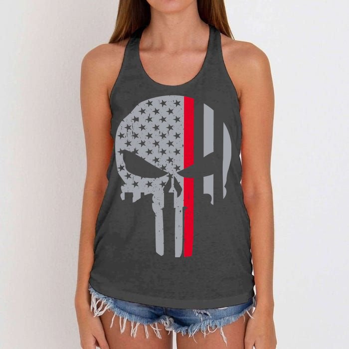 Thin Red Line Skull USA Firefighter Flag Women's Knotted Racerback Tank